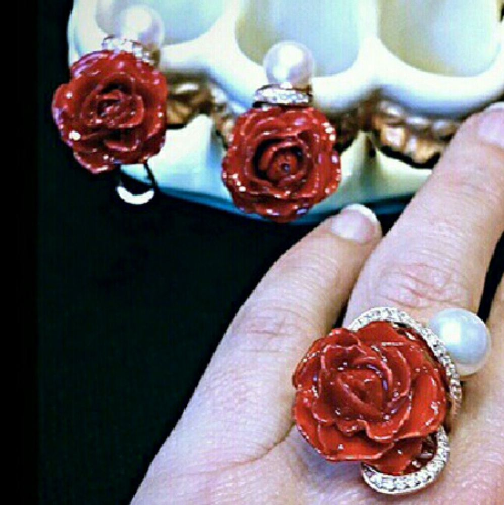 Rose Ring & Earrings w/ Pearls
